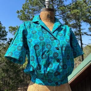 Vintage 50s Aqua Novelty Print Gathered Cinched Cropped Cotton Blouse S M